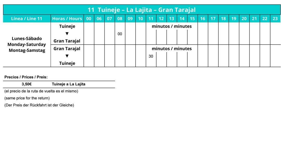 Timetable Bus L11 Tuineje - La Lajita - Gran Tarajal